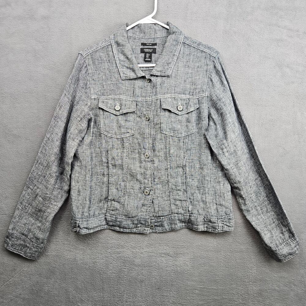 Jones & Co 100% Linen Jacket Gray Button Front Lightweight Utility Coastal Sz L